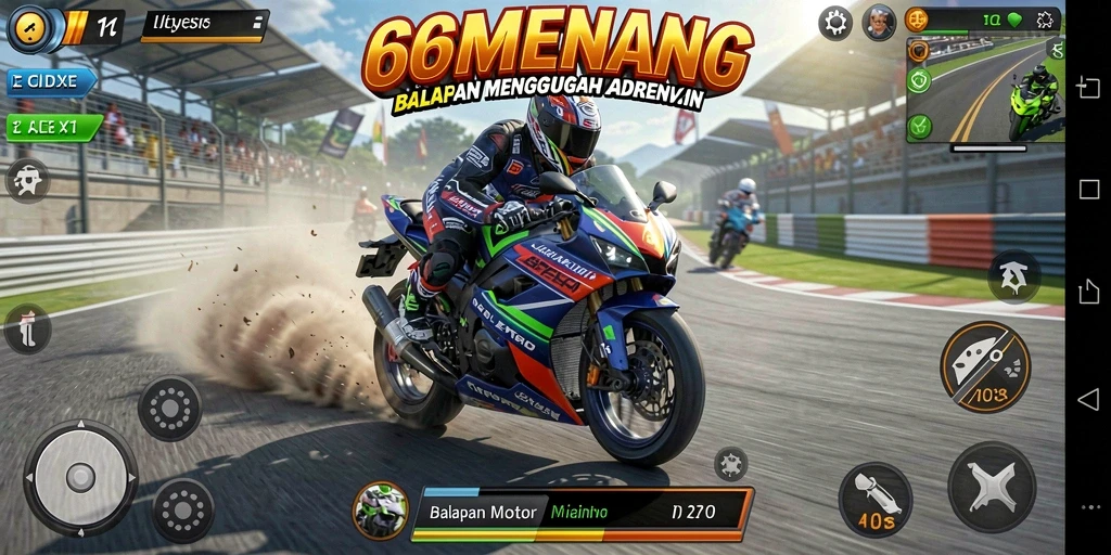 Gameplay 66MENANG dengan aksi balapan motor yang mendebarkan.