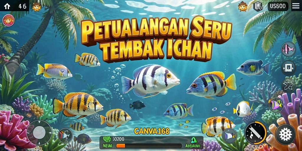 Screenshot gameplay CANVA168 menampilkan aksi seru menembak ikan.