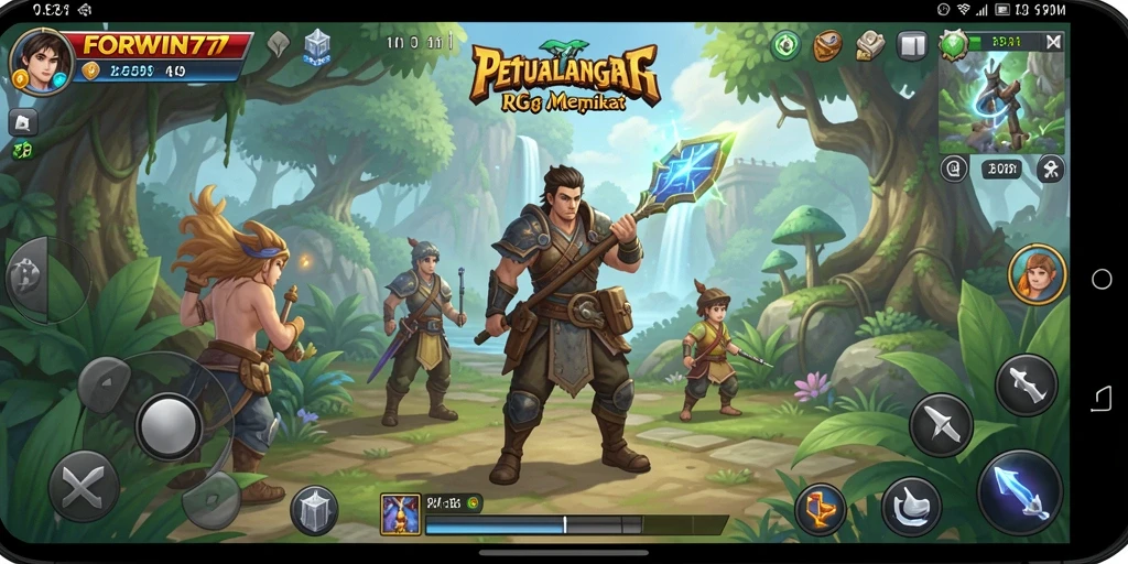 Tangkapan layar dari gameplay RPG FORWIN77 yang menampilkan pertarungan epik.