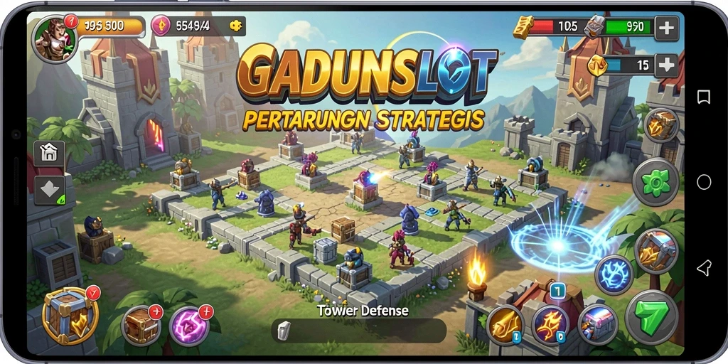 Tampilan gameplay strategis GADUNSLOT di lingkungan Tower Defense.