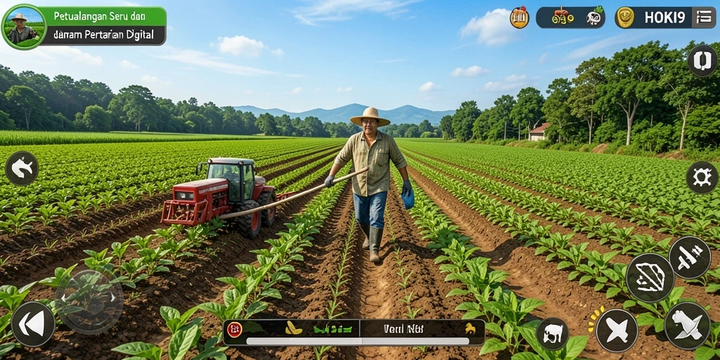Screenshot gameplay HOKI9 dengan pemandangan ladang yang hijau.