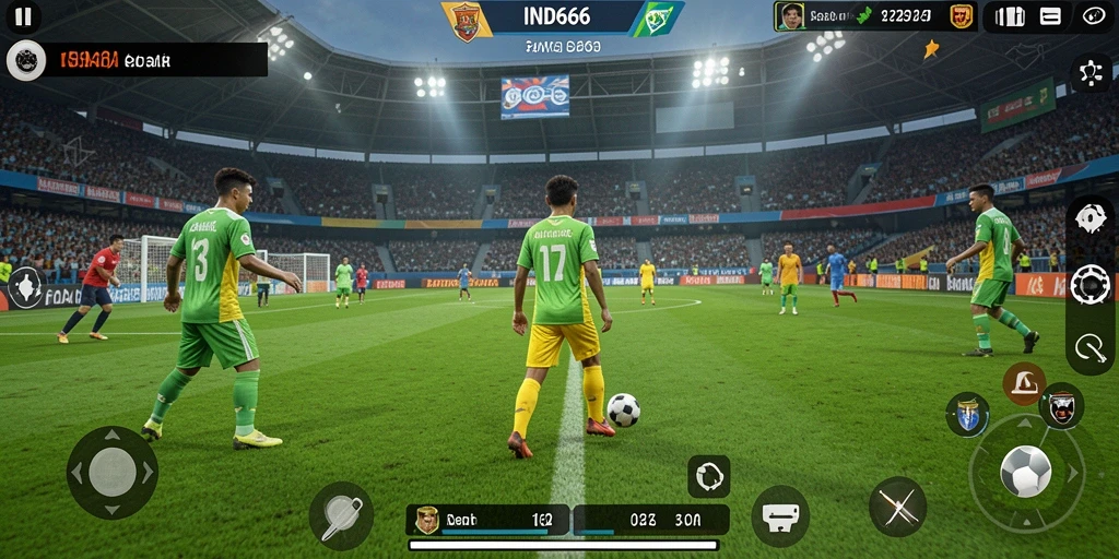 Tampilan gameplay yang mendebarkan di IND666 dengan aksi sepak bola penuh semangat.