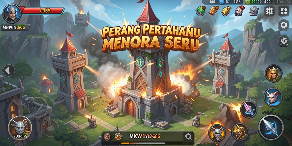 Tampilan gameplay seru dari MKWIN666 dengan menara dan musuh yang beragam.