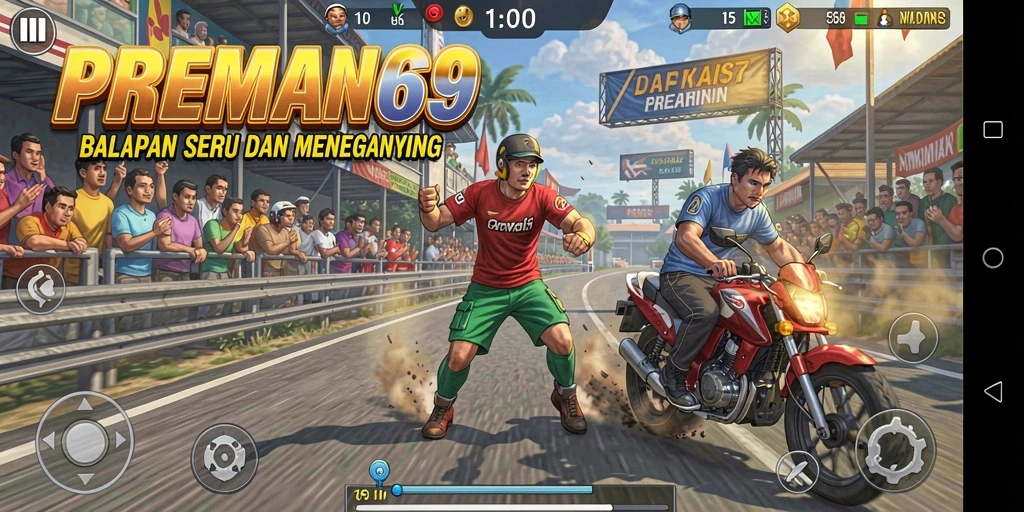 Screenshot utama PREMAN69 menampilkan aksi balapan yang mendebarkan.