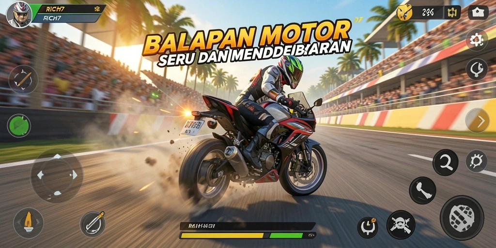 Screenshot gameplay RICH7 menampilkan balapan motor yang menegangkan dan mendebarkan.