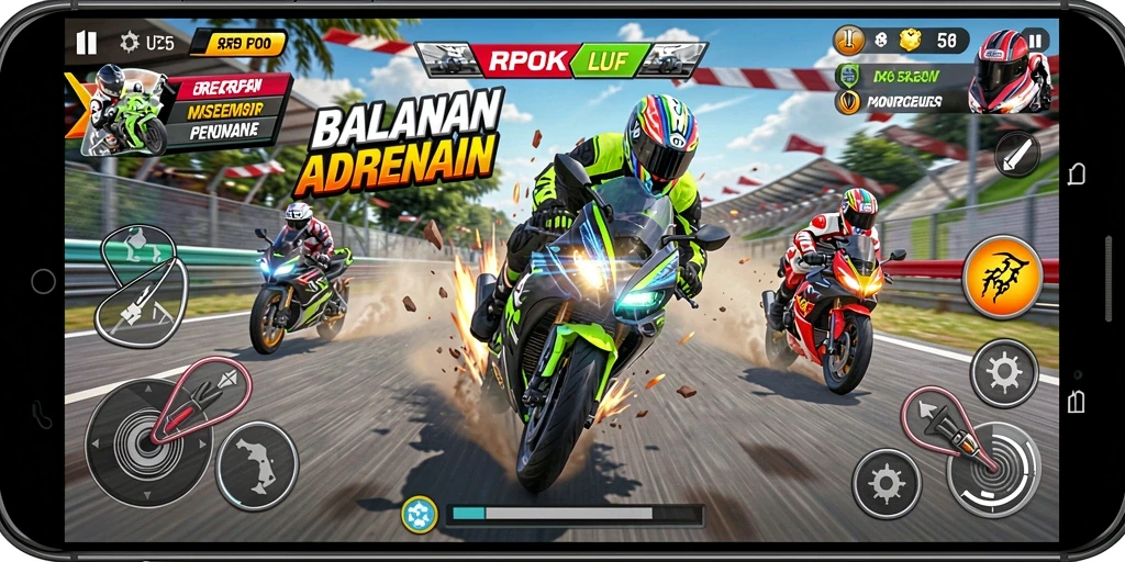 Screenshot RPOK menampilkan aksi balapan motor yang mendebarkan di trek menantang.